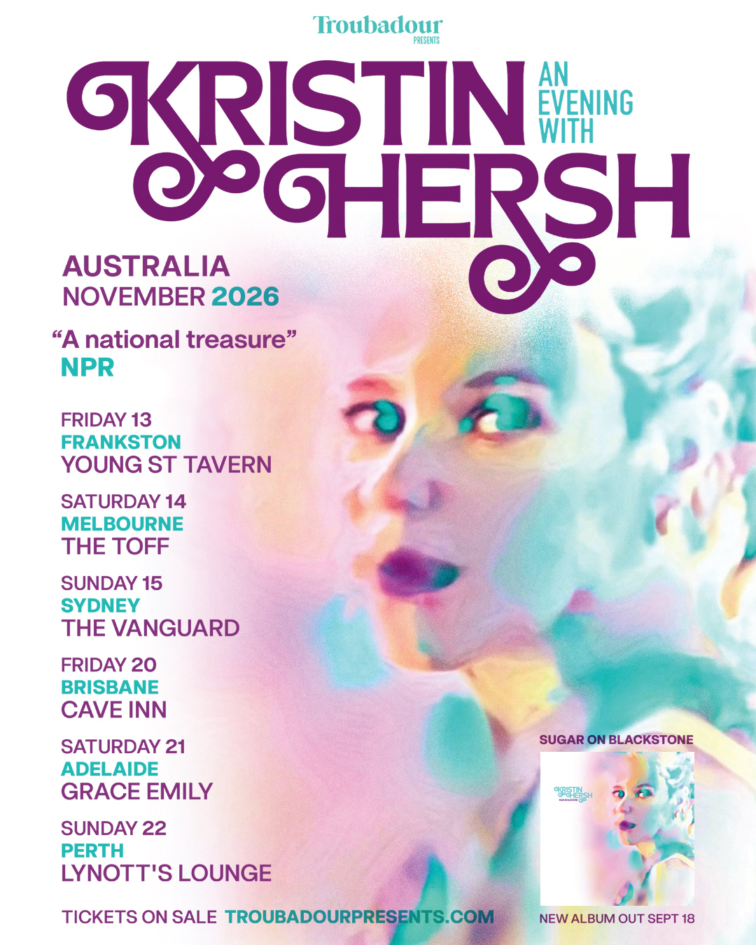 An Evening With Kristin Hersh Australia November 2026 tour poster featuring colourful artwork and tour dates across major cities